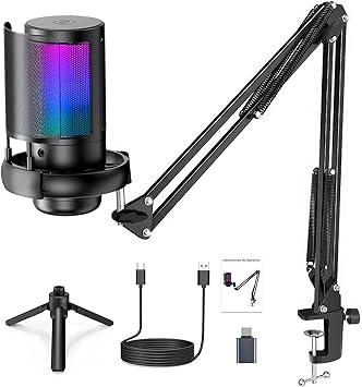 Microfone USB Gaming PC, Microfone RGB para PC/Notebook, Mic with Boom Arm, Microphone Condensador de mesa/Braço, Live, Podcast, Gravação de Audio, Karaoke, Gamer Youtuber DJ